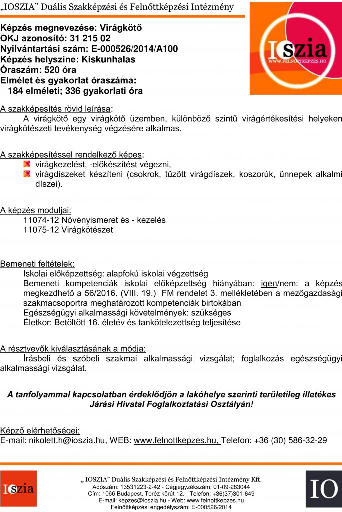 Virágkötő OKJ - Kiskunhalas - felnottkepzes.hu - Felnőttképzés - IOSZIA